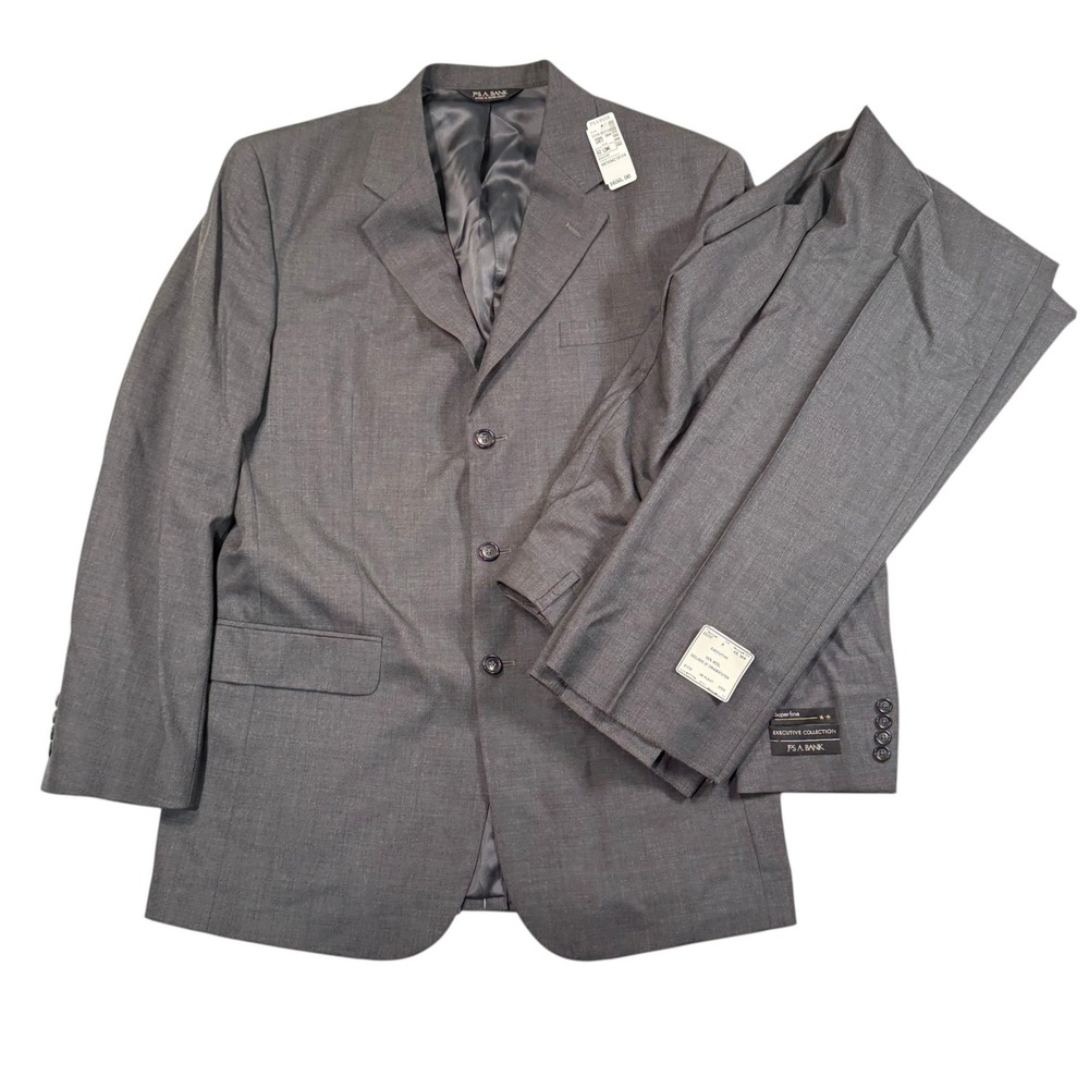 Jos A Bank Mens Executive Gray Wool 3‎ Button 2 Piece Suit 42L x 36W Pants NWT